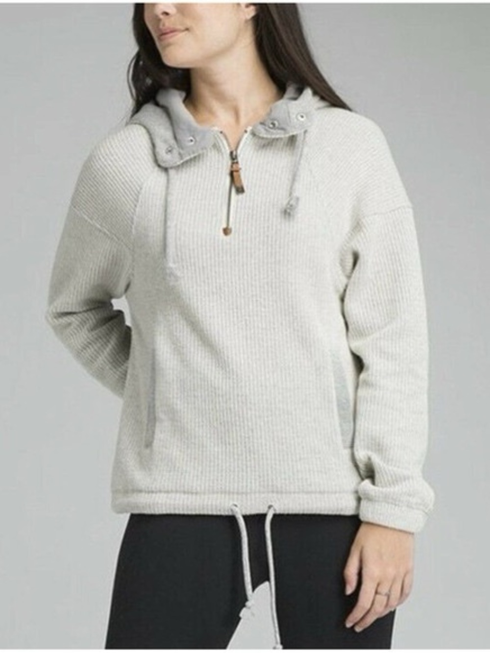 Prana Hooded Sweater Small Grey Wool Blend Quarter Zip Ribbed Knit Pullover